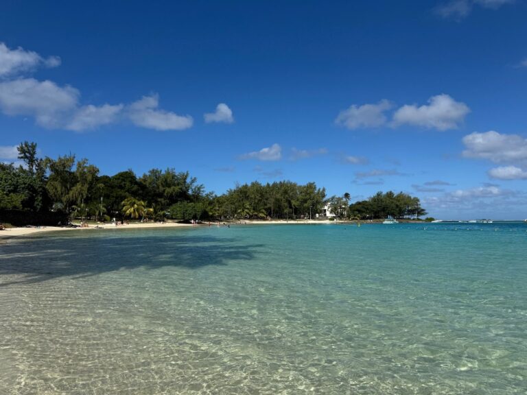 Płytka turkusowa laguna i plaża z palmami na Mauritiusie
